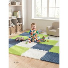 Defne Store Puzzle, 6 Parça 50X50 Mat - 100X150 cm Kurulumlu Oyun Spor Matı Puzzle Halı Tatami 13M (Fıstıkyeşil-Lacivert-Beyaz)