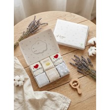 Okayro Organics 6’lı %100 Organik Havlu Örgü Yenidoğan Bebek Çorap Seti – Hediyelik Baby Shower Kutulu - BORN 2026 desenli