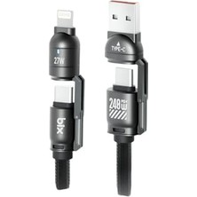 Defne Store Şarj Kablosu, (Tüm Type C/lightning Telefon ve Tabletlerle Uyumludur), Bix 5IN1C-BK 1.5 Metre Siyah 240W Usb-A ve Type C ve Lightning Çok Fonksiyonlu Yüksek Hızlı Şarj ve Data Kablosu, Çok Uçlu