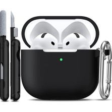 Defne Store Airpods 4 Uyumlu Siyah Silikon Kılıf, Anahtarlık ve Temizleyici Kitli, Kablosuz Şarj Uyumlu
