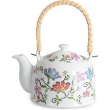 Defne Store Porselen Çini Piraye Demlik; Bambu/hasır Saplı, Ateşe Dayanıklı Nostaljik Bitki Çayı ve Çay Demliği (900 Ml, 2 Farklı Desen Seçeneği) (Pıraye)