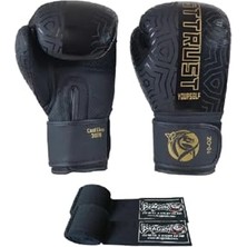 Defne Store Cool Lime Hakiki Deri Kick Boks Eldiveni Muay Thai Bandajlı 2'li Set Siyah 14 Oz