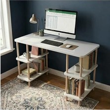 Defne Store Kitaplıklı ve Raflı Bilgisayar Çalışma Masası Modern Dekoratif Ofis Mobilyası Beyaz 120 cm