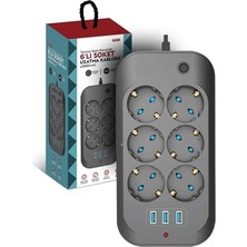Defne Store Termal Akım Korumalı, Çocuk Korumalı 6'lı 2 Metre Uzatma Kablosu, 6xpriz 3xusb Priz