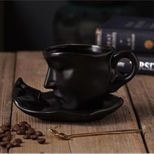 Defne Store Fincan; Iskandinav Yüz Şekilli Takımı, Mat Beyaz Seramik Kupa ve Dudak Figürlü Tabak, Estetik Kahve Fincanı Seti (Siyah, 260, Mililitre)