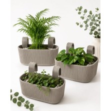 Defne Store 3,2 L Krem Plastik 3'lü Pera Modern Balkon ve Küpeşte Saksısı Askılı Dikdörtgen Set