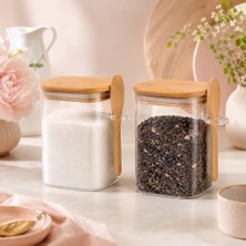 Defne Store Kavanoz, 2'li 500 ml Kaşıklı Cam Seti, Bambu Kapaklı Şeffaf Baharatlık ve Saklama Kabı, Kahve Çay Şeker Tuz ve Kuru Gıda Için