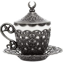 Defne Store Hilal Motifli Türk Kahvesi Fincanı ve Tabağı; Zamak Gövde, Porselen Iç Kupa, Geleneksel Gelincik Model (Tekli) (Siyah)