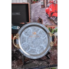 Dmt Copper Home 3 Adet 25 cm Krom Çelik Kahve Tepsisi – Pirinç Kulplu Nakışlı Desenli Dekoratif Servis Sunum Tepsisi