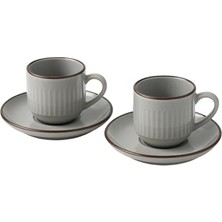 Defne Store 2'li Set Çizgili Seramik Fincan Takımı, Mat Kahverengi Beyaz, Espresso ve Türk Kahvesi Fincanı