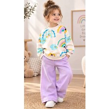 Cg Kids Gökkuşağı ve Bulut Desenli Pudra Sweatshirt - Lila Yan Şeritli Eşofman Altı Alt Üst Takım