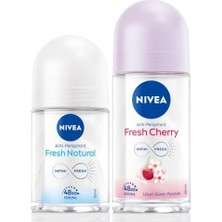 Defne Store Kadın Roll-On Deodorant Fresh Cherry 50 ml ve Mini Roll-On Fresh Natural 25 ml Set, 48 Saat Koruma