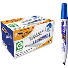 Defne Store Velleda 1701 Eco Yuvarlak Uçlu Beyaz Tahta Kalemi, Mavi, 12'li Kutu, Kolay Silinebilen Mürekkep, Sabit Yuvarlak Uç