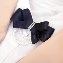 Defne Store Pegu Baby COLLECTION(423) Lux Siyah Saten Kurdele Broş, Taşlı Incili Özel Tasarım-Siyah