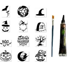 Defne Store Halloween Temalı Geçici Dövme Seti; 1 Tüp Kına, 12 Desen ve Fırça