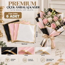 Lüks Altın Kenarlı  -3 Renk 6 Adet Çiçek Buket Kağıdı Opp Su Geçirmez Ambalaj Hobi Kağıdı - 54.5 CMX54.5 cm - Beyaz-Pembe-Siyah