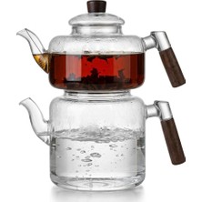 Ms Akasya Cam Çaydanlık Takımı 1800 ml + 950 ml - Ahşap Kulplu Isıya Dayanıklı Borosilikat Şeffaf Çaydanlık