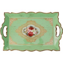 Ms Su Yeşili Renkli Elcikli Çatlatma Ahşap Tepsi, 42.5 x 28 cm