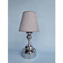 Ms Abajur, Pilli Abajur, Pilli Masa Lambası,piili Gece Lambası, Açık Gri Şapka Krt.yuvarlak Küre Top Krom Ayak