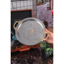 Dmt Copper Home 6 Adet 25 cm Krom Çelik Kahve Tepsisi – Pirinç Kulplu Nakışlı Desenli Dekoratif Servis Sunum Tepsisi