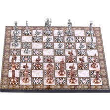 Ms Orta Boy Metal Roma Satranç Takımı Antik ve Sedef Desenli Mdf Ahşap Satranç Tahtası (37X37 Cm.)