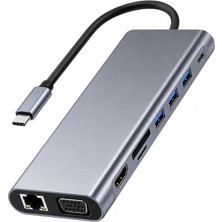 Defne Store 11'i 1 Arada Usb-C Hub Type-C Çoğaltıcı, HDMI 4k, Vga, RJ45 Ethernet, Sd/tf Kart Okuyucu, 100W Pd Şarj, 4x USB 3.0, Macbook, Laptop ve Tablet Uyumlu