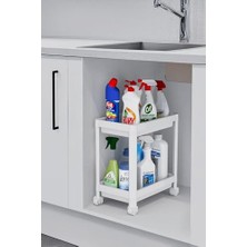 Defne Store Düzenleyici; Flex Elite Pro 2 Katlı Beyaz Tekerlekli Çok Amaçlı Banyo & Mutfak Raf, Evye Altı Raf Beyaz 40 x 35