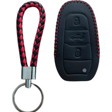 Ms Autohan Keys Deri Anahtar Koruma Kılıfı Peugeot 308, 508, 2008, 3008, 4008, 5008, Rifter, Grandland x Için, Siyah Kırmızı Örgülü Desen, Anahtarlık Dahil