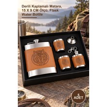 Yenilig 5 Adet Kurt Desenli Derili Matara Seti – Derili Kaplamalı Matara, 15 x 9 cm Ölçü, Flask Water Bottle