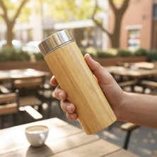 Defne Store 450 ml Bambu Kaplamalı Çelik Termos, Klasik Bardak Kapaklı