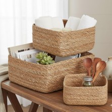 Ms 3'lü Rustik El Yapımı Doğal Kare Hasır Düzenleyici Seti | 3'lü Hasır Kare Organizer Seti – Dekoratif, Çok Amaçlı ve Dayanıklı Rattan Sepetler (26X26X12CM – 22X22X10CM – 18X18X8CM)