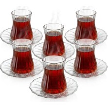 Defne Store 12 Parça Çay Seti - 6 Adet Fitil Desenli Cam Çay Bardağı ve 6 Adet Cam Çay Tabağı, Isıya Dayanıklı