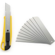 Defne Store Profesyonel Maket Bıçağı, 10 Adet Yedek Paslanmaz Çelik Bıçaklı, 18 mm Segmentli, Ergonomik Kaymaz Sarı Sap, Otomatik Kilit, Halı, Plastik, Kağıt Deri Çok Kesici.