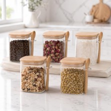 Defne Store Kavanoz; 550 ml Kaşıklı Cam 5'li Set, Bambu Kapaklı Şeffaf Cam Saklama Kabı, Çay ve Kahve Şeker Baharat Kuruyemiş Kavanozu, Mutfak Düzenleyici Kaşıklı Baharatlık Takımı