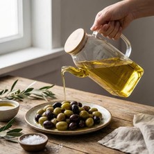 Defne Store 1000 ml Bambu Kapaklı Cam Yağlık ve Sirkelik, Dayanıklı ve Şeffaf Sıvı Ölçüm ve Saklama Kabı