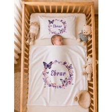 Pia Baby Isme Özel Kız Bebek Battaniye 80X80 cm ve Yastık Kılıfı 35X45 cm %100 Pamuk Organik Baskılı Bebek Seti Bebek Hediyesi