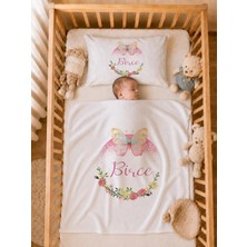 Pia Baby Isme Özel Kız Bebek Battaniye 80X80 cm ve Yastık Kılıfı 35X45 cm %100 Pamuk Organik Baskılı Bebek Seti Bebek Hediyesi