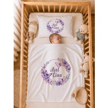 Pia Baby Isme Özel Kız Bebek Battaniye 80X80 cm ve Yastık Kılıfı 35X45 cm %100 Pamuk Organik Baskılı Bebek Seti Bebek Hediyesi