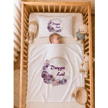 Pia Baby Isme Özel Kız Bebek Battaniye 80X80 cm ve Yastık Kılıfı 35X45 cm %100 Pamuk Organik Baskılı Bebek Seti Bebek Hediyesi