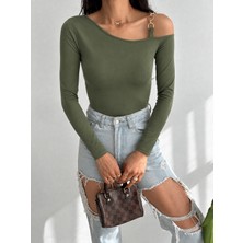 Qutta Kadın Tek Omuz Halkalı Uzun Kol Dalgıç Kumaş Crop Bluz