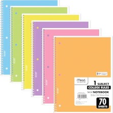 Defne Store Spiral Defterler, 6'lı Paket, 1 Konu, Kolej Çizgili Kağıt, 8 "x 10-1/2", 70 Yaprak, Çeşitli Pastel Renkler (830049-ECM)