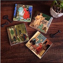 Defne Store Satranç Oyunu, Kaplumbağa Terbiyecisi, Iki Müzisyen Kız, Göreme Halı Tüccarı Taş Bardak Altlığı Seti, 4 Parça, 10X10 Cm, Kaydırmaz Tabanlı, SC141