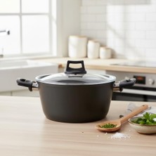 Defne Store 22 cm Yeşil Siyah Granit Efektli Derin Tencere, Cam Kapaklı