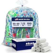 Defne Store 55-60 Galon 1,5 Mil Şeffaf Ağır Hizmet Çöp Torbası 96,5 cm x 147,3 Cm, 100 Adet