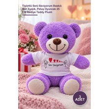 Yenilig 3 Adet Peluş Ayıcık – Tişörtlü Seni Seviyorum Baskılı Mor Ayıcık, Peluş Oyuncak 25 cm Hediye Teddy Plush