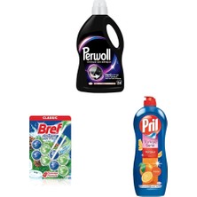 Bg Geliştirilmiş Siyah Sıvı Çamaşır Detarjanı 2970 ml + Bref Wc Power Aktiv Çam Kokulu 2'li Klozet Temizleme Topları (1 x 2 Adet) + Pril Adana Portakalı Elde Yıkama Sıvı Bulaşık Deterjanı 675 gr