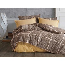 Bg Lüks%80 Pamuklu Çift Kişilik Nevresim Takımı Seti Yorgan Kılıfı Love Kalp Desen 200X220 cm + Lastikli Battal Boy Çarşaf 180X200X30 cm +2 Yastık Kılıflı 50X70 cm (Kahverengi, Kareli)