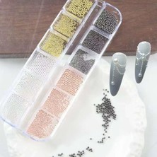 Defne Store 4 Renk 12'li Tırnak Süsleme Parlak Metal Havyar Taşları, 3 Boy Nail Art Boncukları WN-526