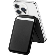 Store Apple iPhone 17/16/15/14/13/12 Serisi Için Cüzdan Magsafe ile Uyumlu Telefona Tam Oturan Güçlü Manyetikli Sıkı Tutuş Sağlayan ve Düşme Yapmayan Pu Deri Cüzdan Kartlık (Siyah-Stantlı)