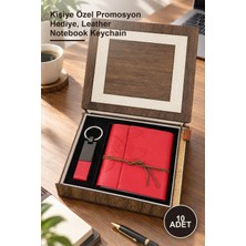 Yenilig 10 Adet Ahşap Kutulu Kırmızı Deri Defter ve Anahtarlık Seti – Kişiye Özel Promosyon Hediye, Leather Notebook Keychain